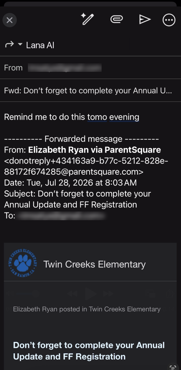 Forwarded school email sent to Lana